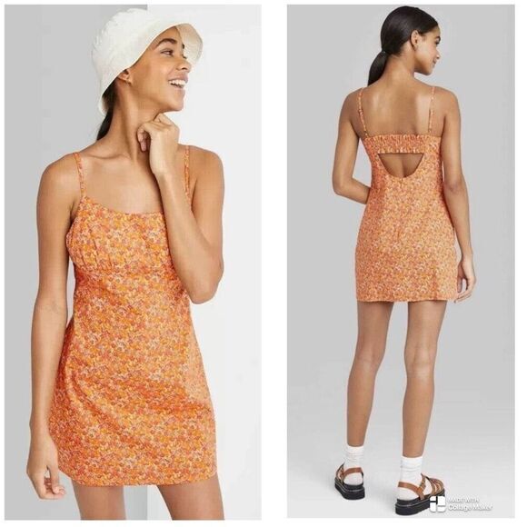 Wild Fable XS Babydoll Dress Orange Pink Floral CottageCore Y2K Summer Cutout - Picture 1 of 16
